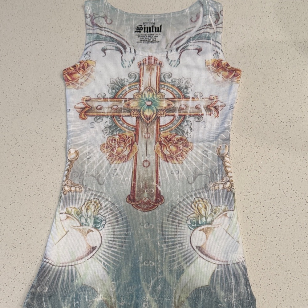 Sinful Cross and Floral Tank Top - White and Gold